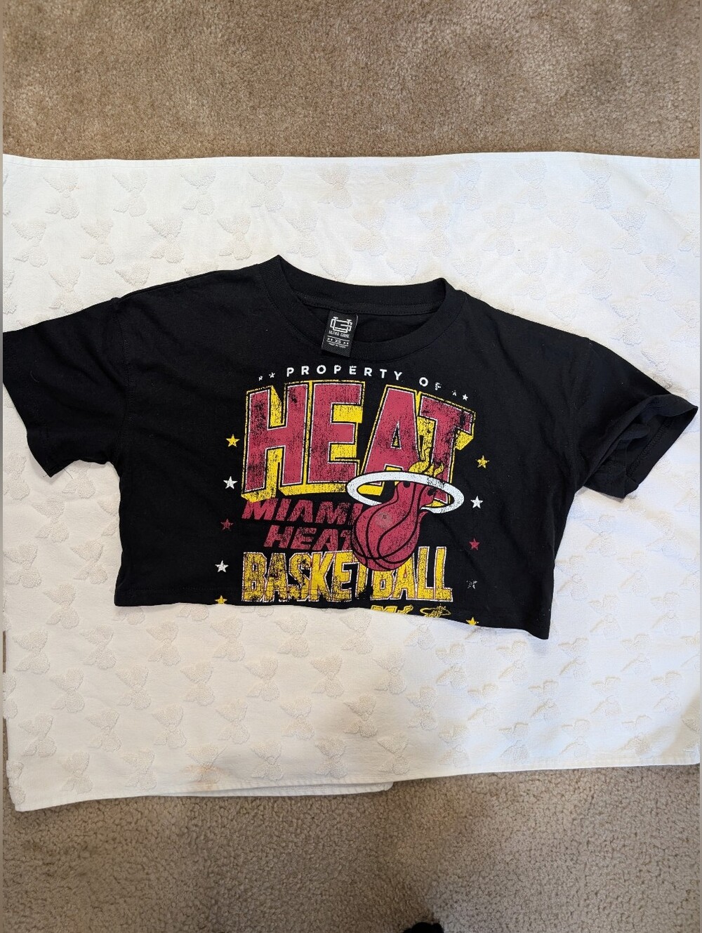 NBA Black Miami Heat Graphic Crop Tee with Red and Yellow Print